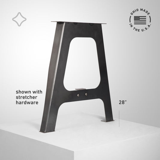 Steel A-Frame table leg shown in 28 inch height with stretcher hardware installed