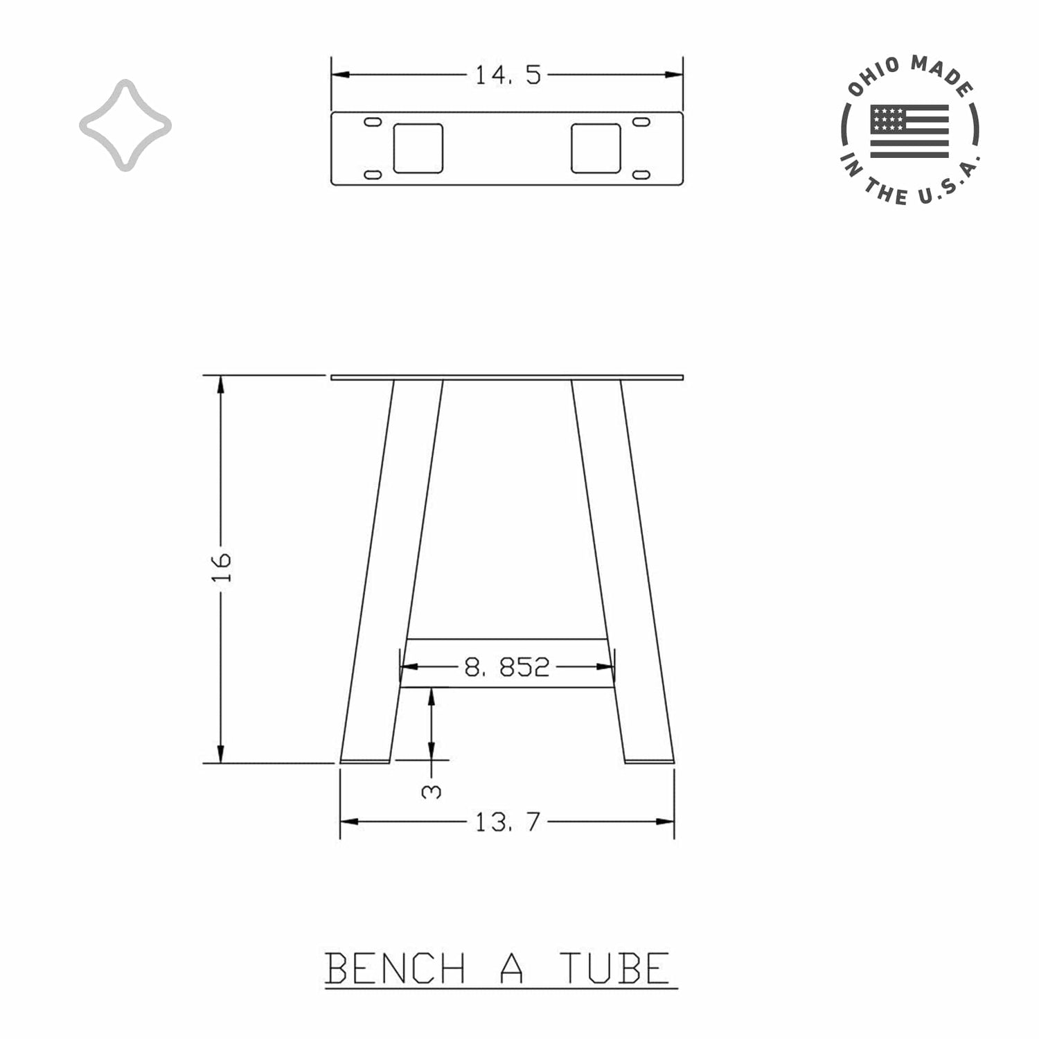 Line drawing of small A-tube. 16 inch tall, 13.7 inch wide at base, 14.5 inch wide at mounting plate. Cross tube is 3 inches from the floor