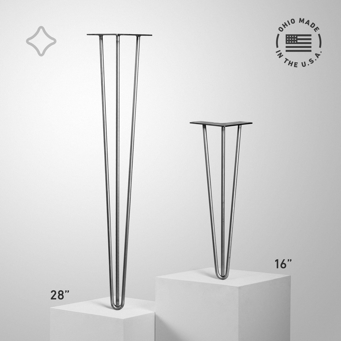 28 inch and 16 inch height three rod hairpin legs shown in unfinished steel