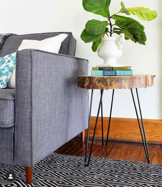 Small end table for books and plants with three 2rod hairpin legs and a round wood top. 