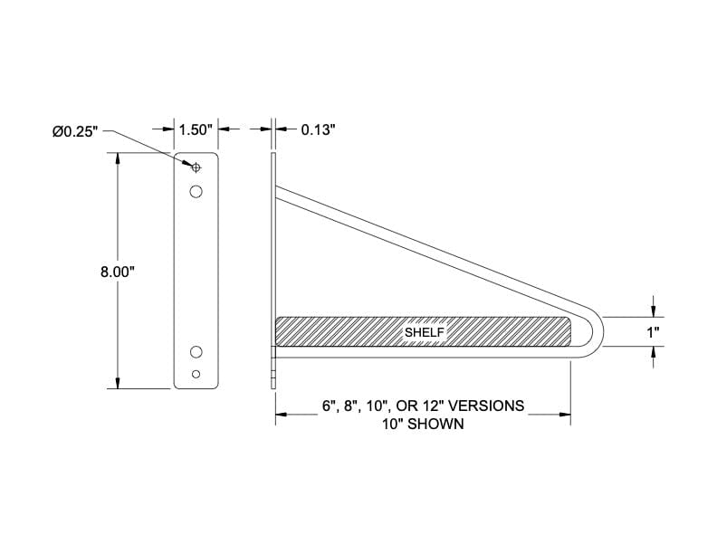 Line drawing of hairpin shelf bracket for 6, 8, 10 and 12 incher versions