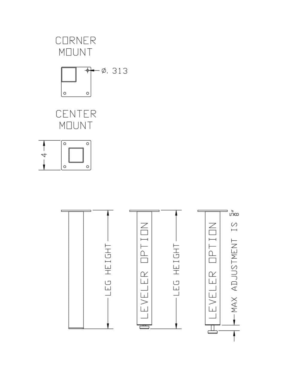 Technical drawing of 2 by 2 steel tube leg showing leveler and mounting options