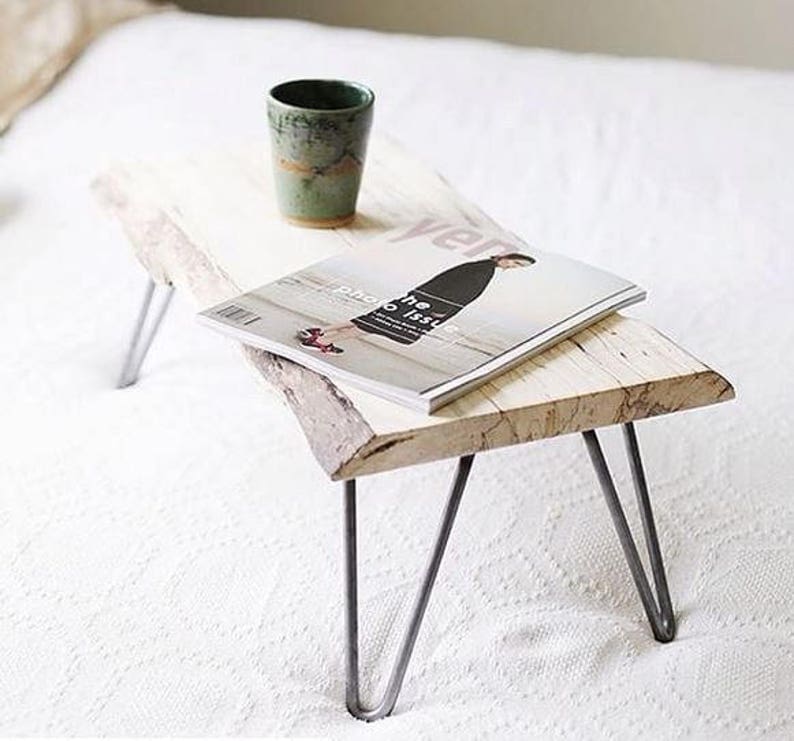 Small lap desk with 6 inch 2rod steel hairpin legs and live edge top.